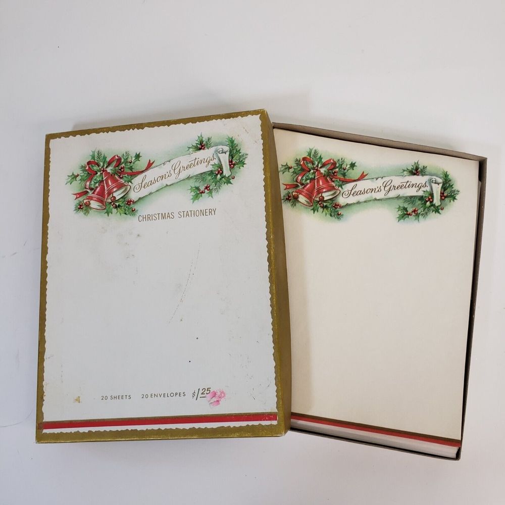 Vintage 60s Season's Greetings Christmas Stationery Set Embossed 24 Sheets Bells